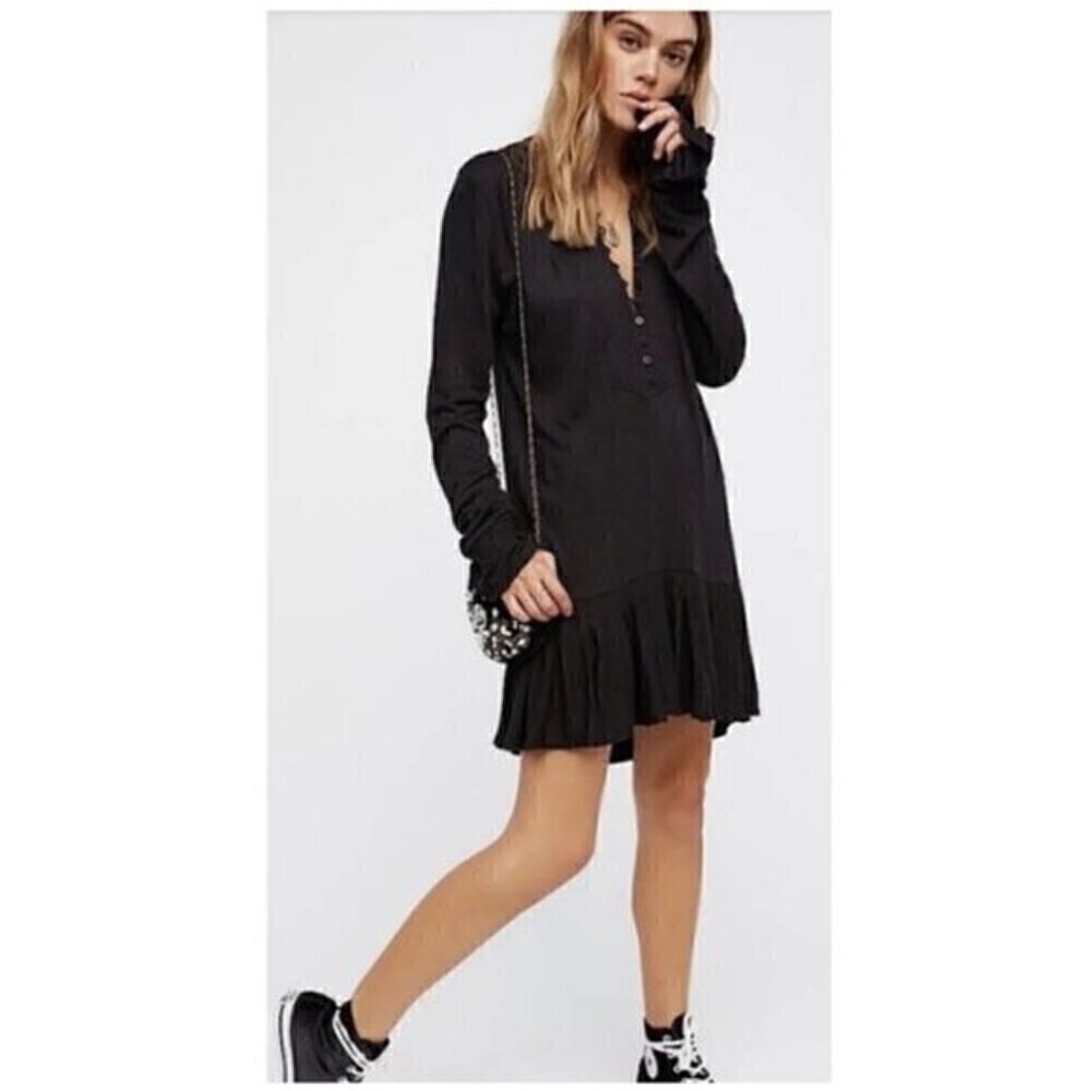 Free People Your Girl Ruffle Tunic Long Sleeve Mini Dress Black Size S